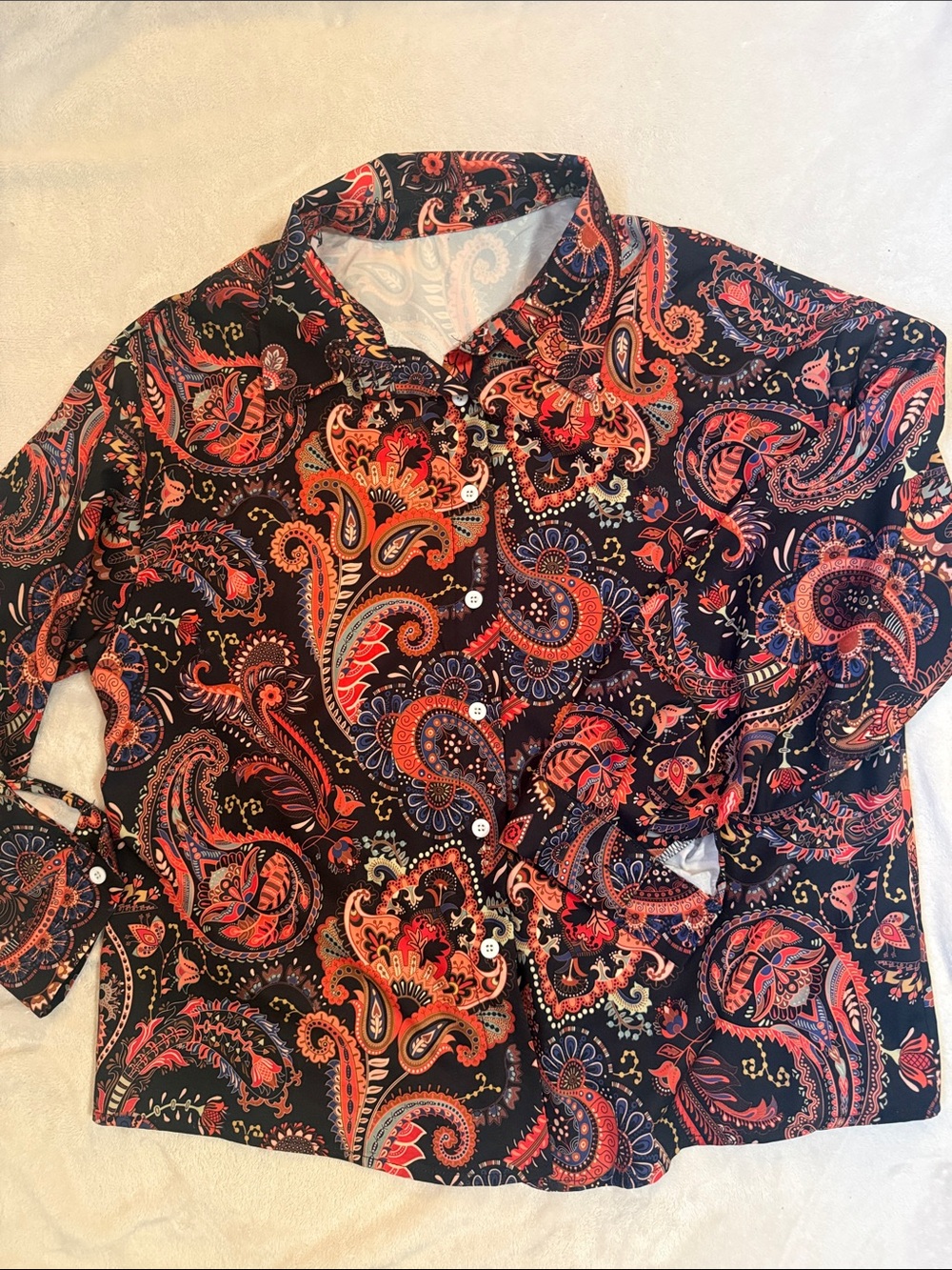 Men's Black Paisley Button-Up Shirt with Red and Orange Accents